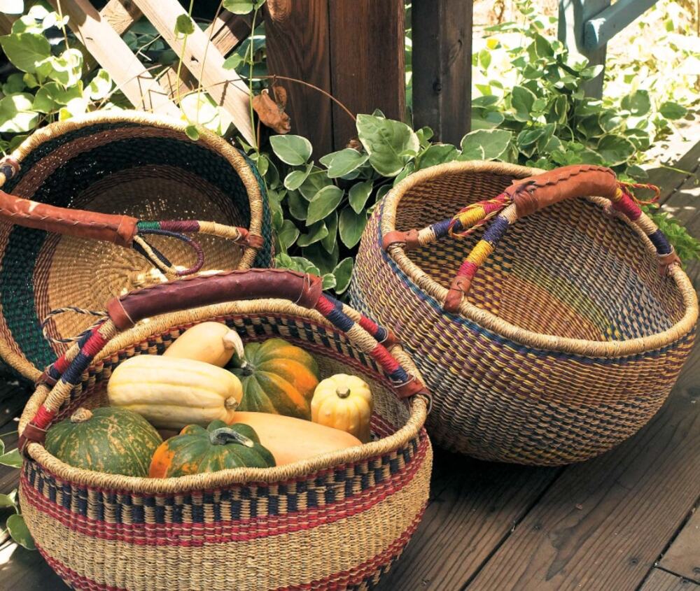 Bolga basket LARGE Hand Woven Natural African Market Leather Handle Reshapeable